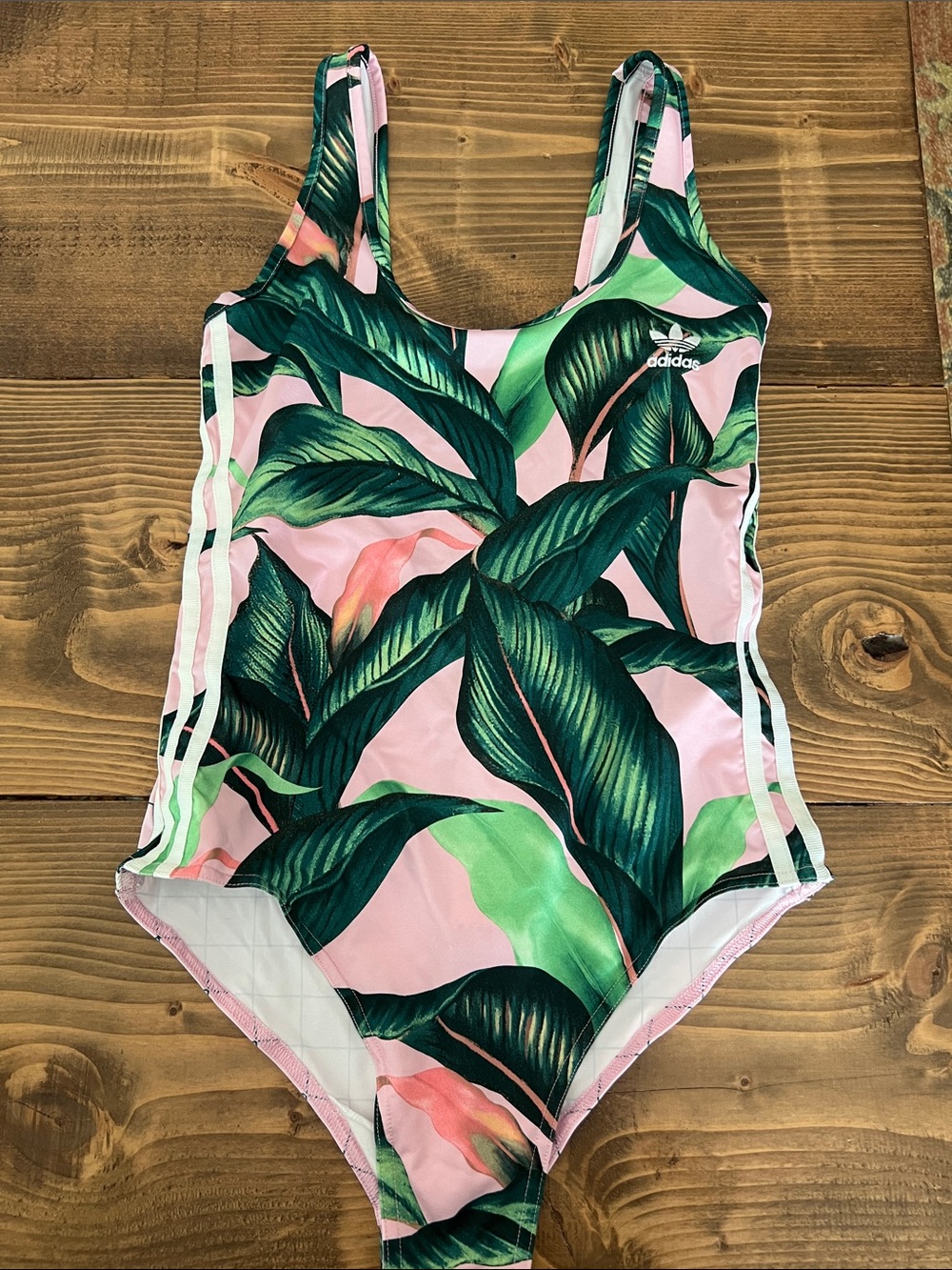 NWT adidas Pink One-Piece Swimsuit with Green Tropical Leaf Print
